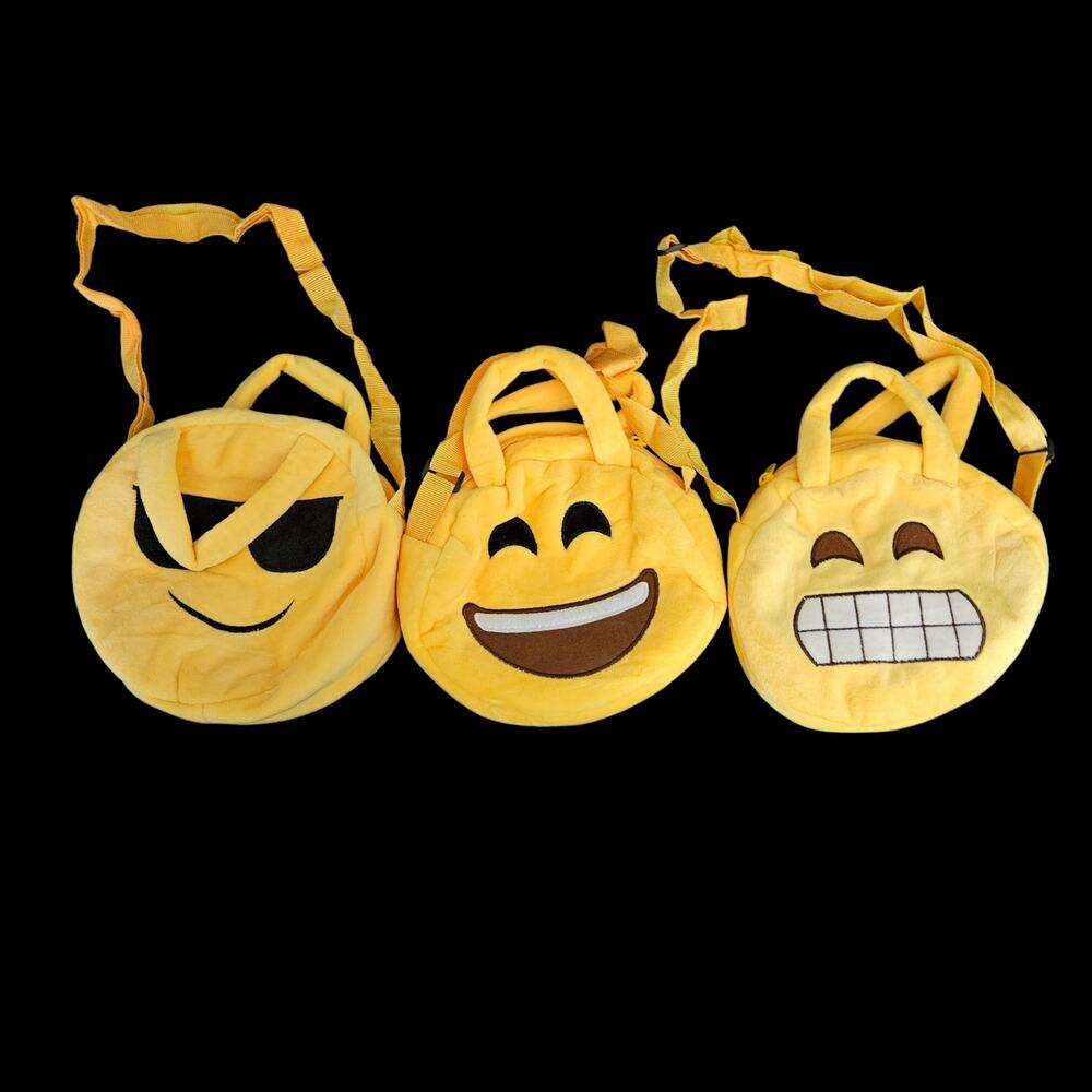 Lot of 3 Kids Smiley Face Emoji Plush Handbags Crossbody Shoulder Bags Yellow